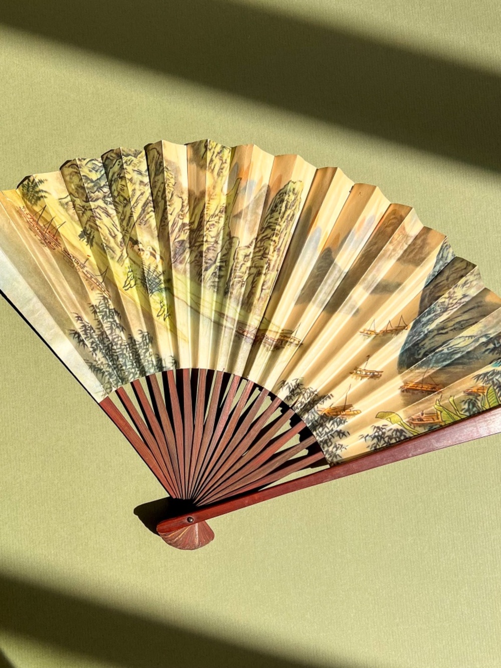 Vintage 1960s Shanshui Landscape Folding Fan With Dark Wood